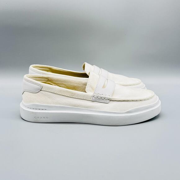 Cole Haan Shoes Womens 9 White Canvas Penny Loafers Grand 360 Slip On NEW - Picture 1 of 10